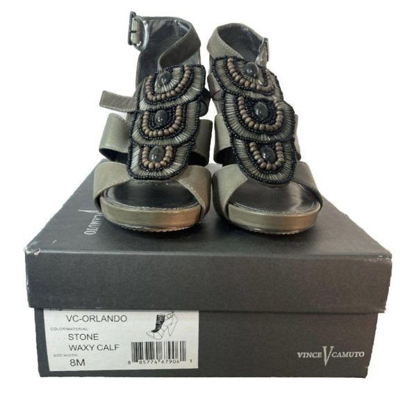 Vince Camuto Shoes - NIB VINCE CAMUTO Orlando Women’s Size 8 Beaded Heels Sandal Stone Waxy Calf Boho